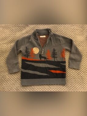 Fat Face Size 3-4 Half-Zip Gray Toddler Boys Sweater with Woods/Wolf Scene